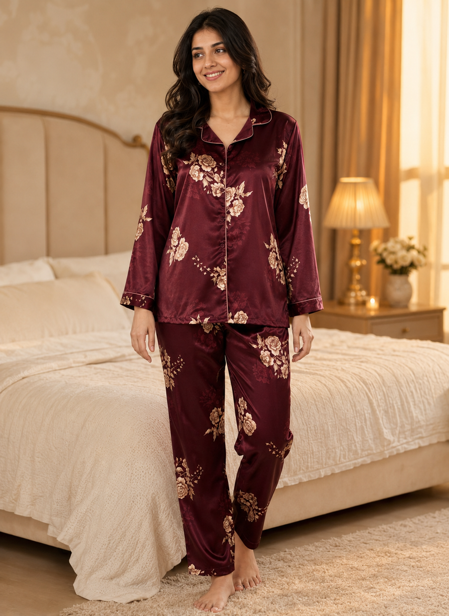 Wine Blossom Satin Night Suit