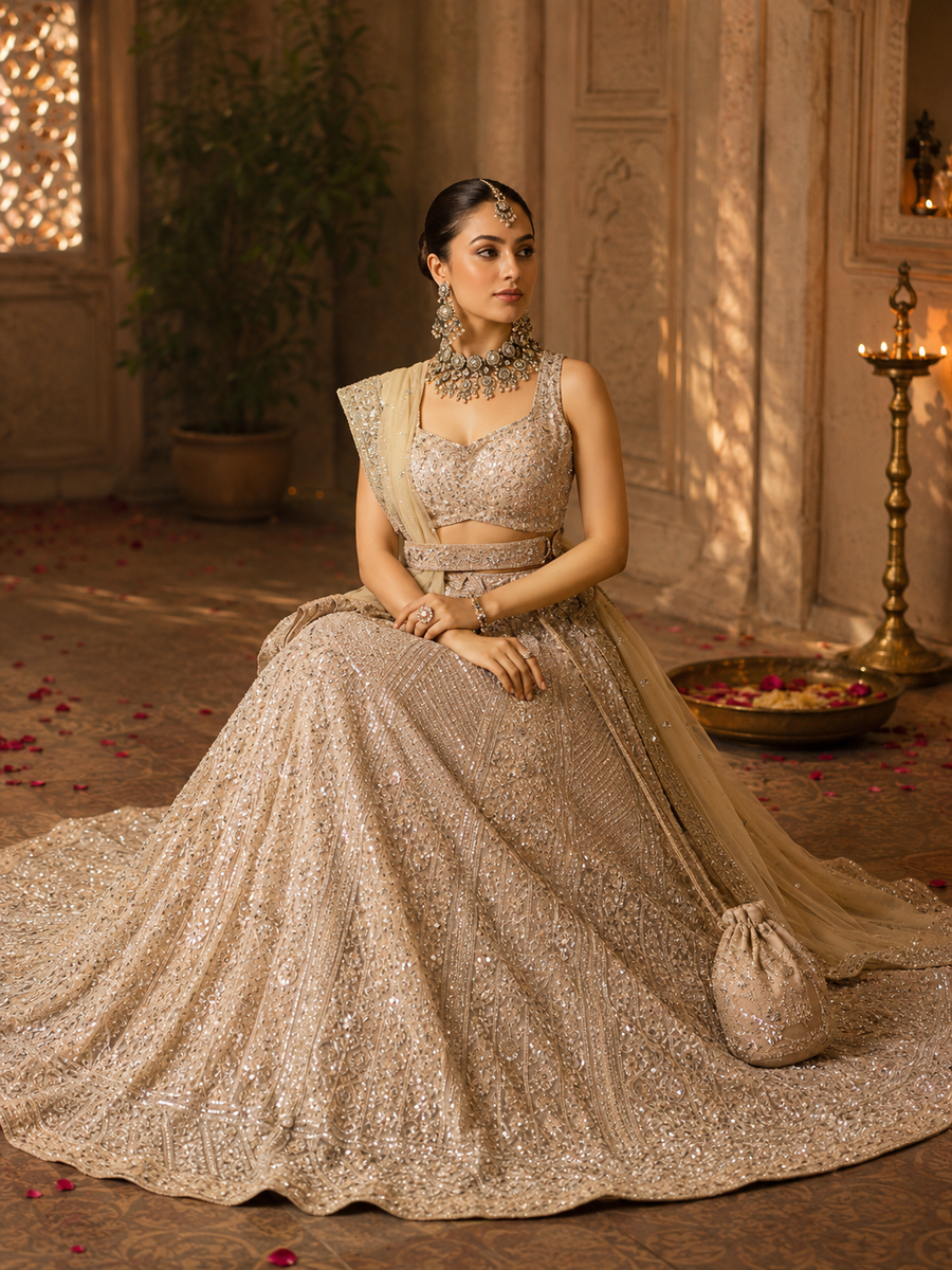 Celestial Charm Beige Crystal Indo-Western Lehenga