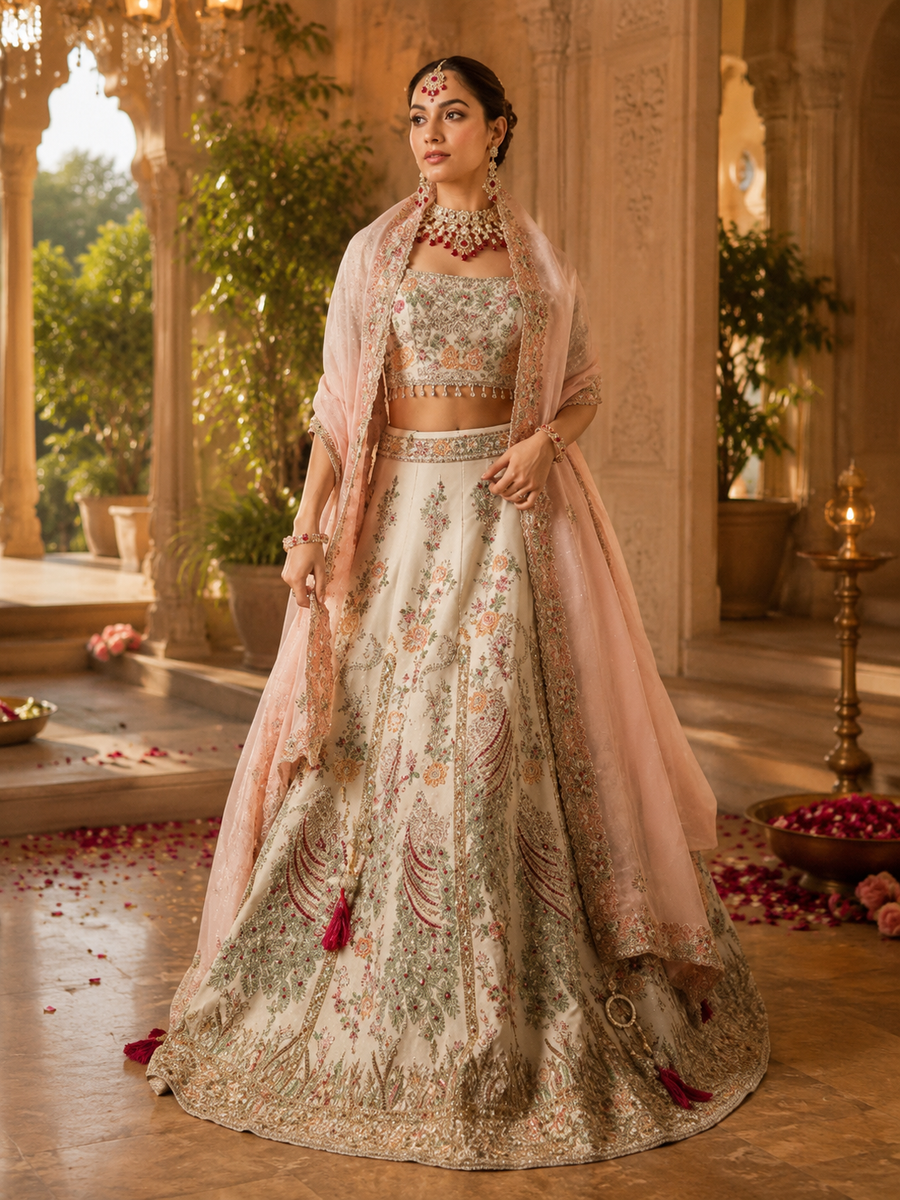 Regal Whisper Off-White & Blush Pink Bridal Lehenga