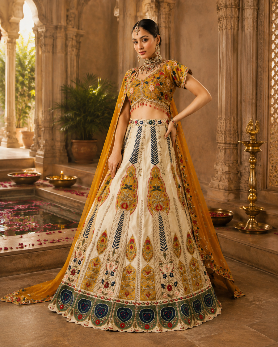 Royal Radiance Mustard & Beige Bridal Lehenga