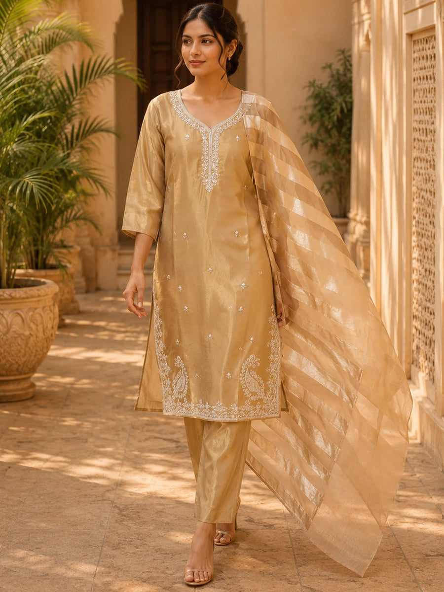 Golden Bloom Embroidered Suit Set