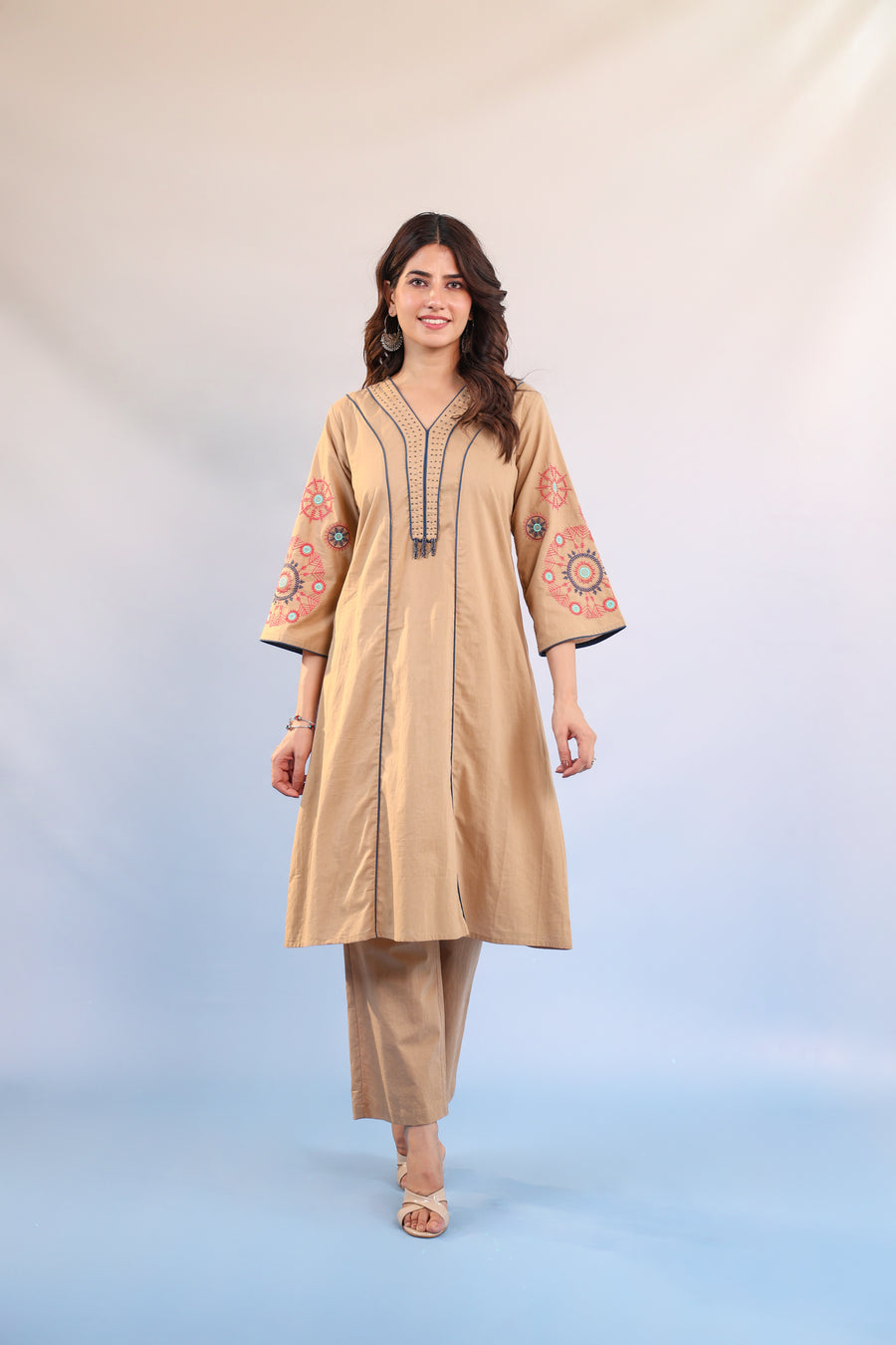 Noor Beige Embroidered Kurta Set