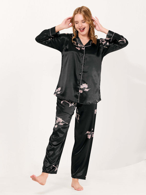 Midnight Blossom Satin Pajama Set