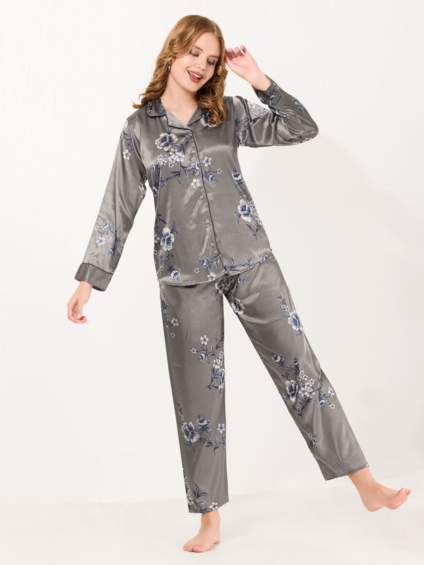 Silver Bloom Satin Pajama Set