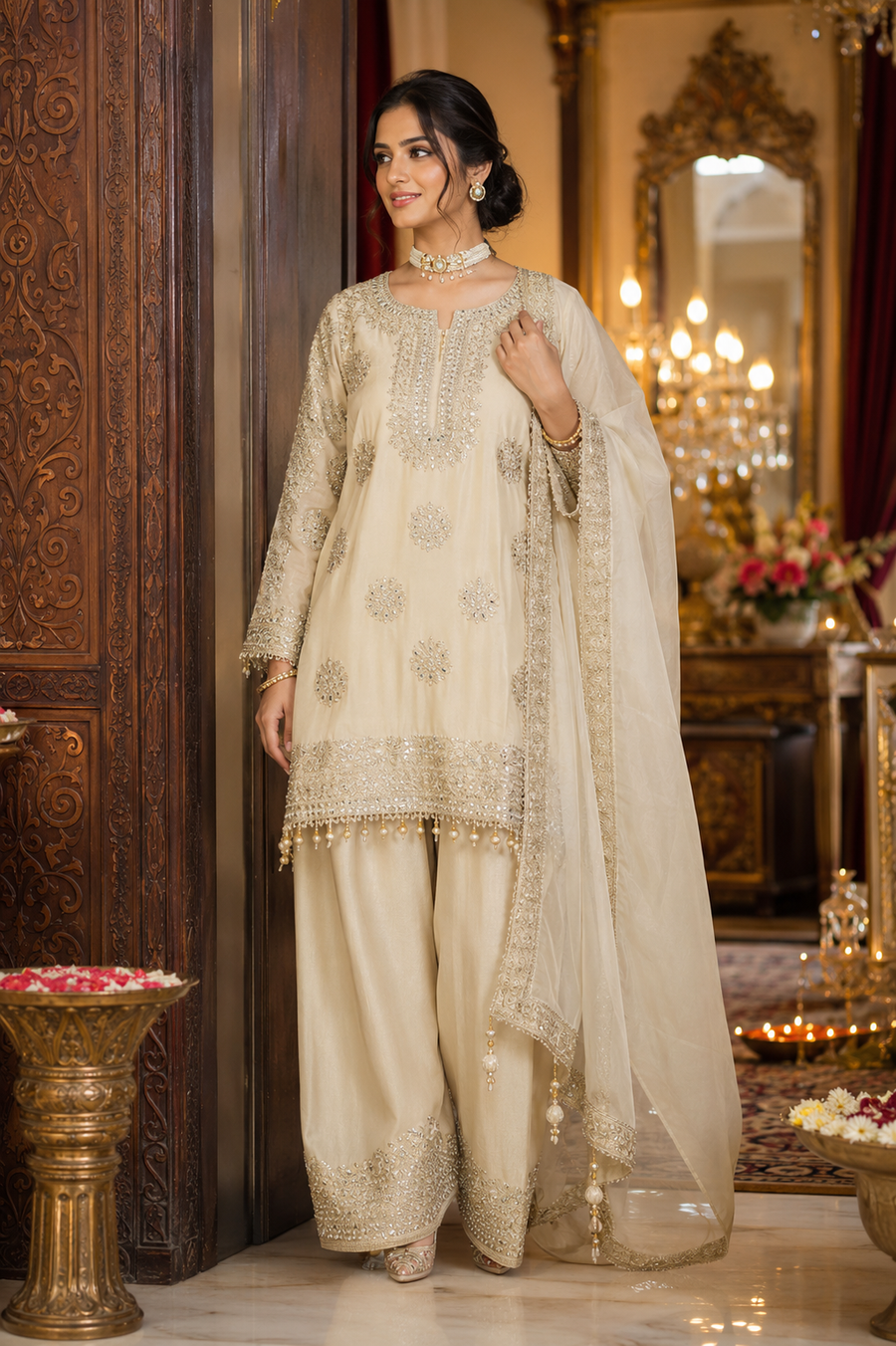 Graceful Cream Partywear Suit