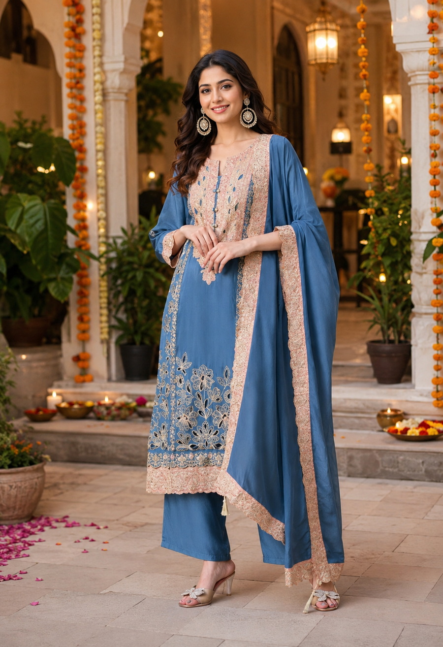 Blue Party Wear Crepe Suit with Tassels Dupatta