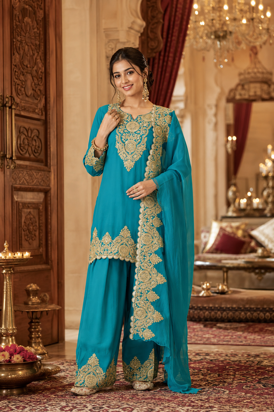 Dark Firozi Zari Elegance Kurti