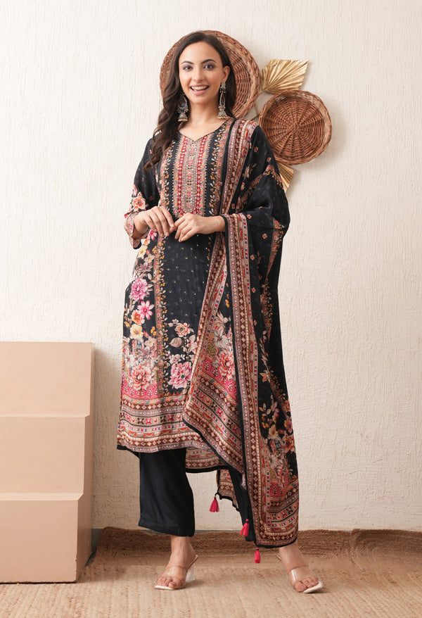 Noore Black Bloom Crepe Suit Set
