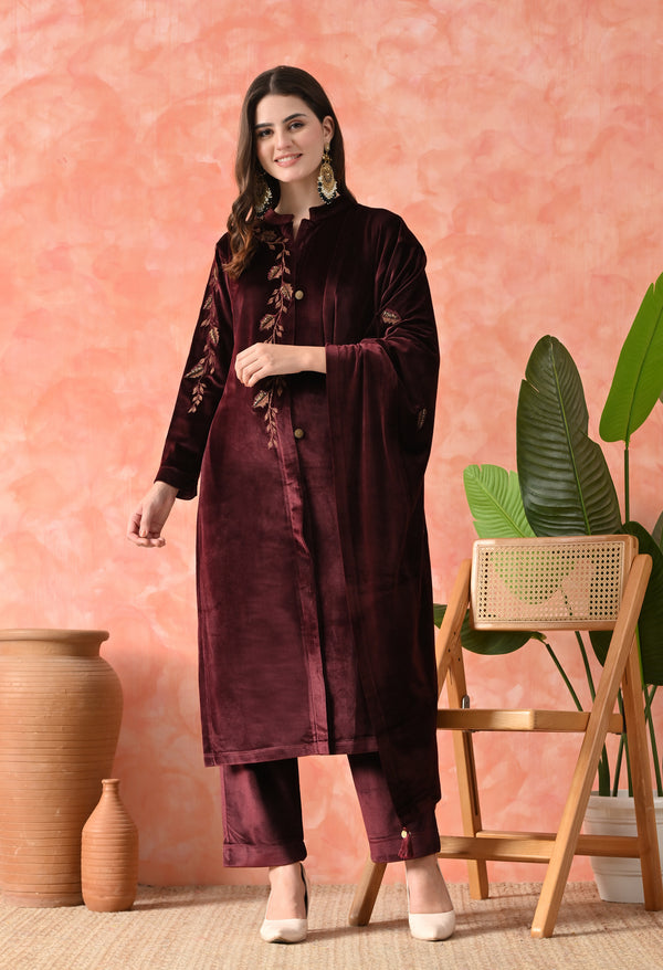 Golden Button Wine Velvet Suit