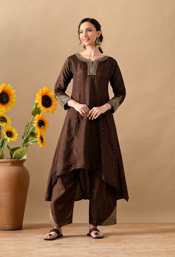 Brown Pearl Zari Silk Suit Set