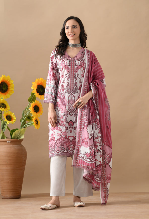 Red Printed Cotton Lace Suit