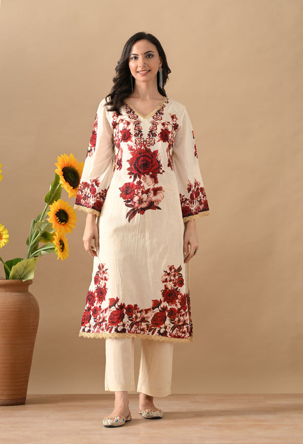 Cream Red Floral Cotton Charm