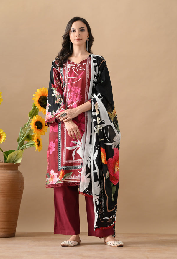 Elegant Maroon Printed Cotton Set