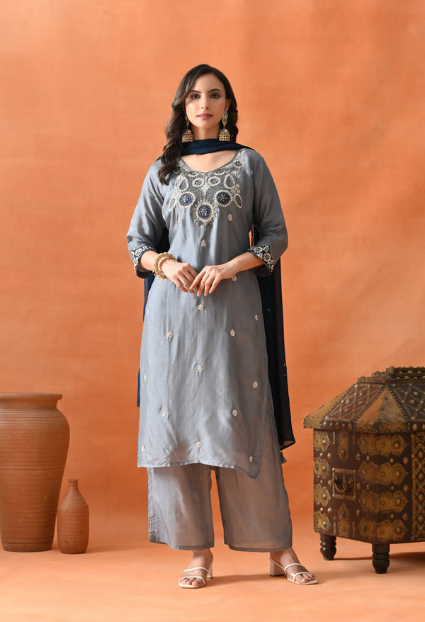 Grey Blue Dabka Party Suit