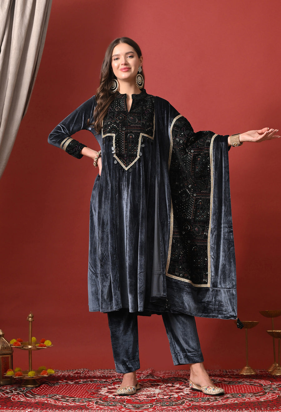 Midnight Royal Velvet Embellished Suit