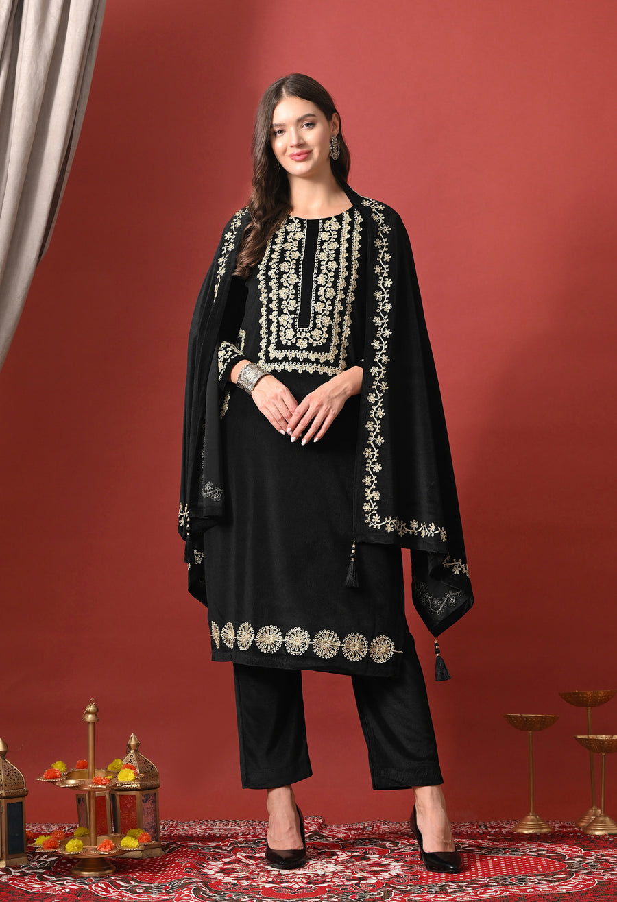 Noir Elegance Gold-Embroidered Velvet Suit