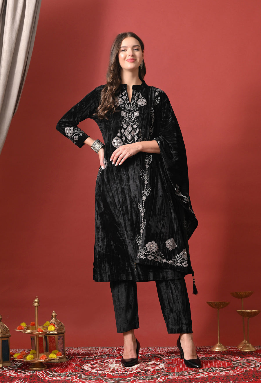 Black Velvet Radiance Mirror-Embroidered Suit