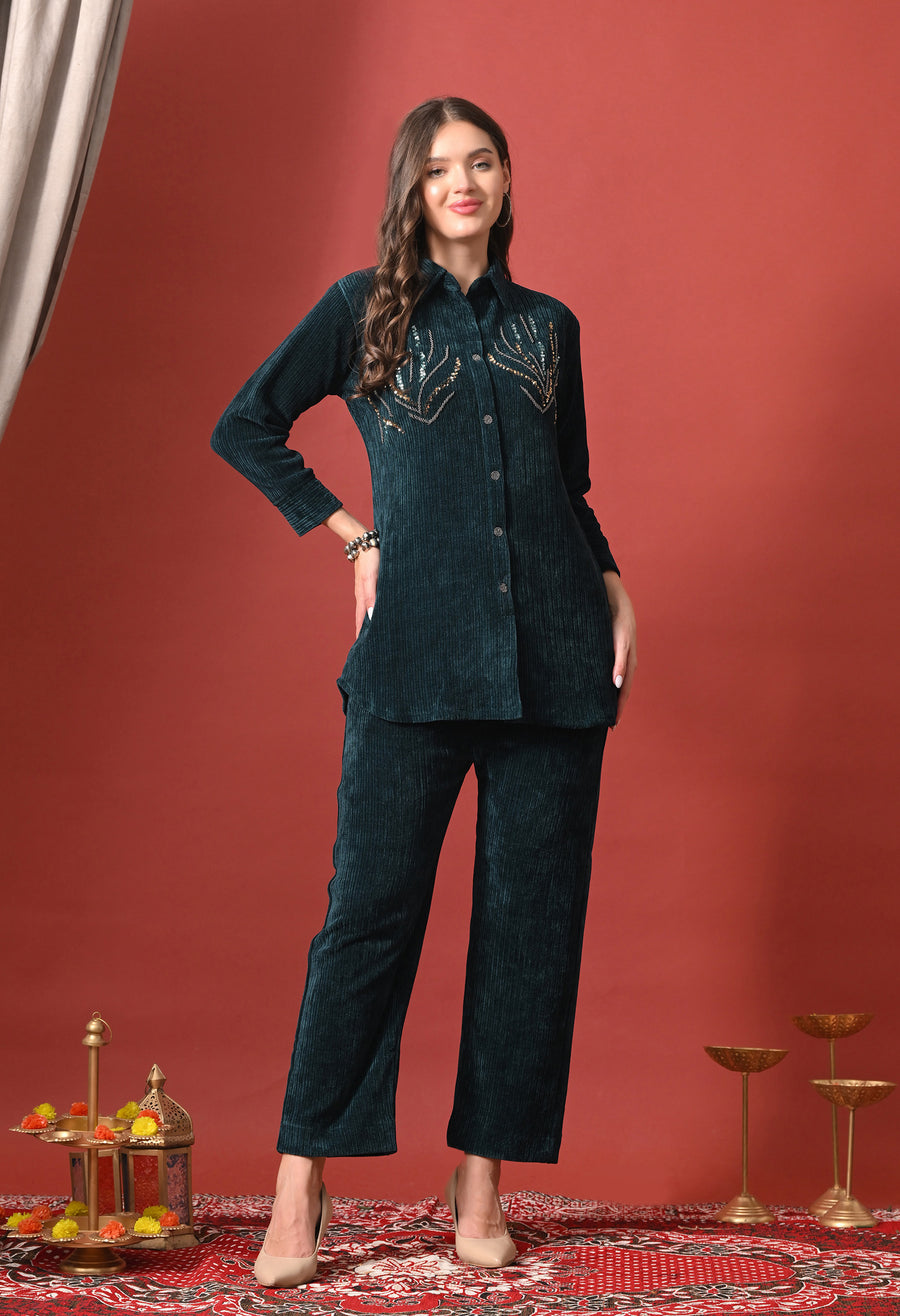 Emerald Whisper Embellished Velvet Co-Ord Set