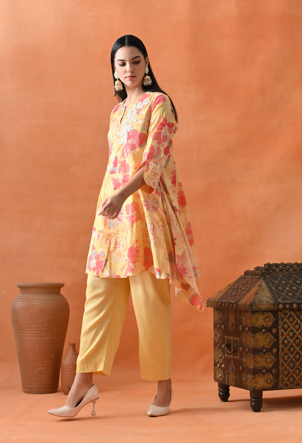 Yellow Floral Mirror Work Co-ord