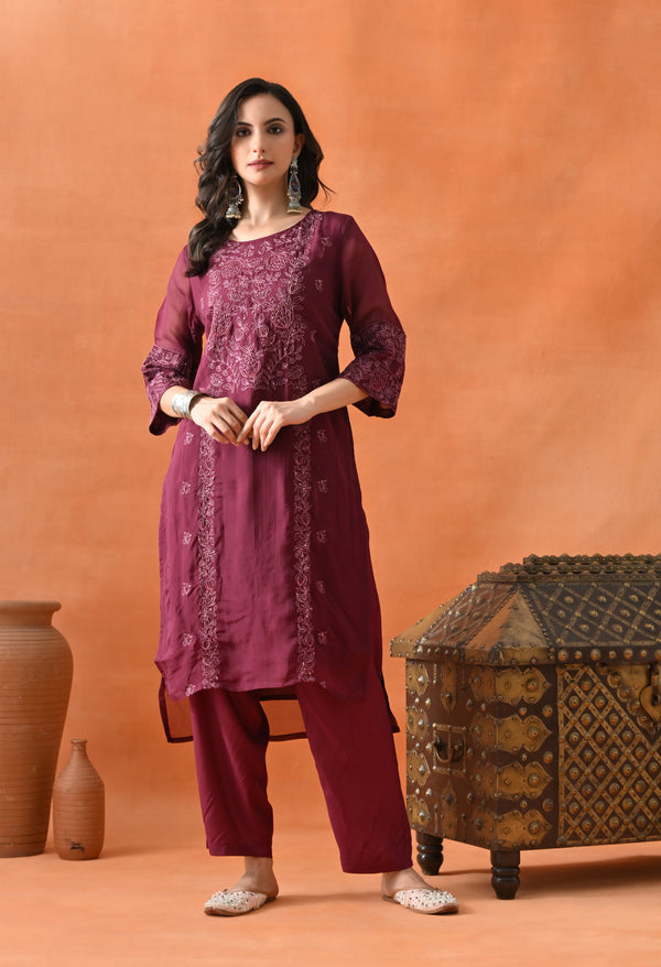 Wine Organza Embroidered Suit Set