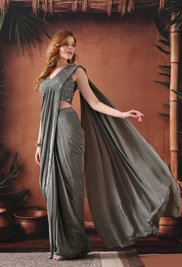 Pastel Grey Draped Skirt Saree