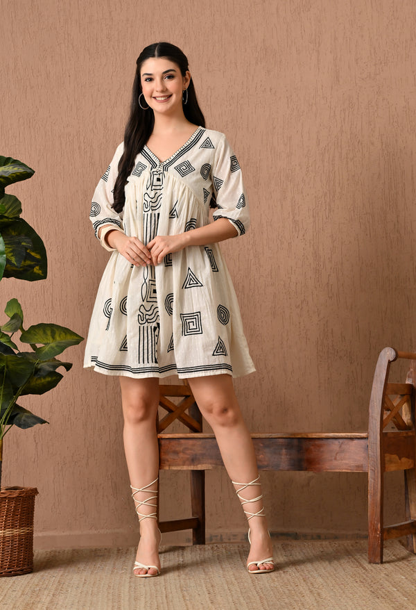 Enchanting Off-White Cotton Midi Frock