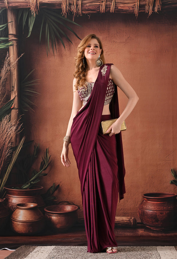 Purple Wine Rapron Drape Saree