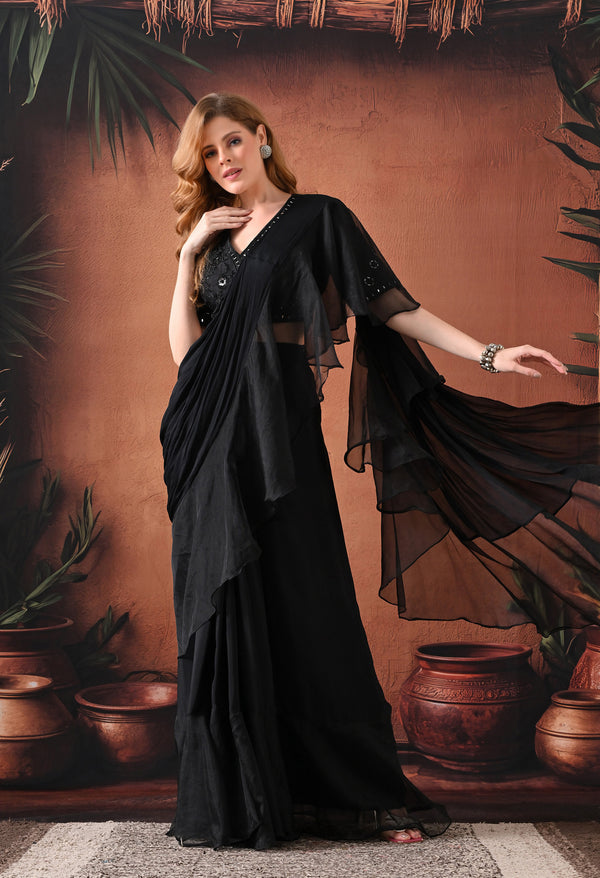 Black Ruffle Drape Saree