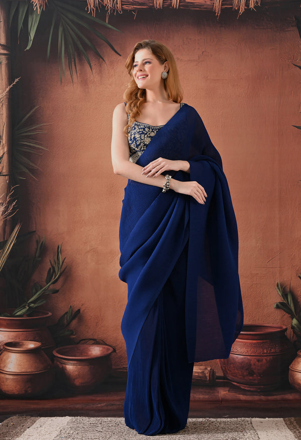 Navy Blue Rapron Drape Saree