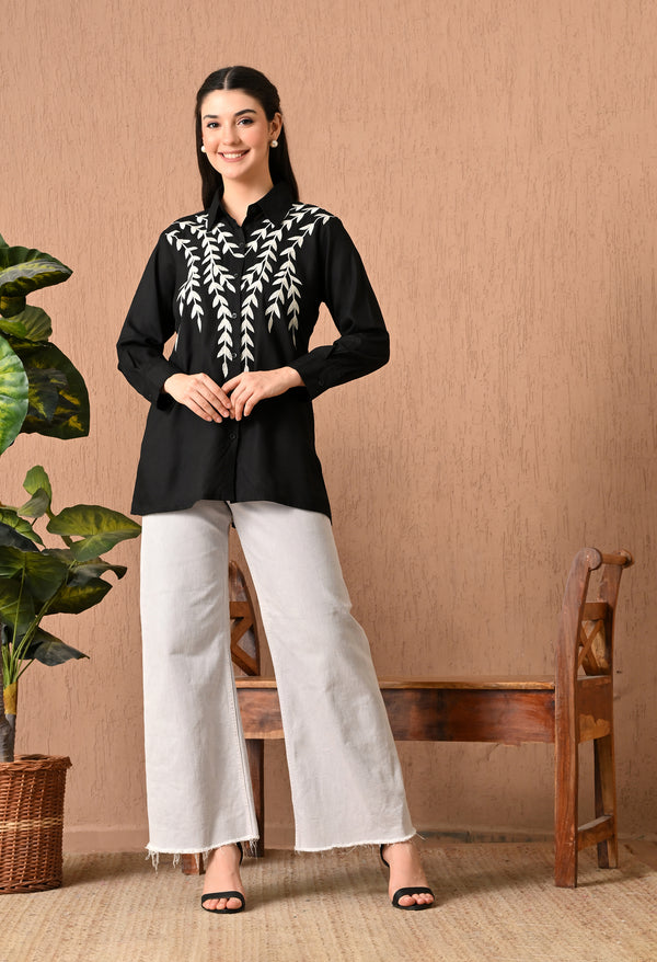 Elegant Black Cotton Thread Work Shirt