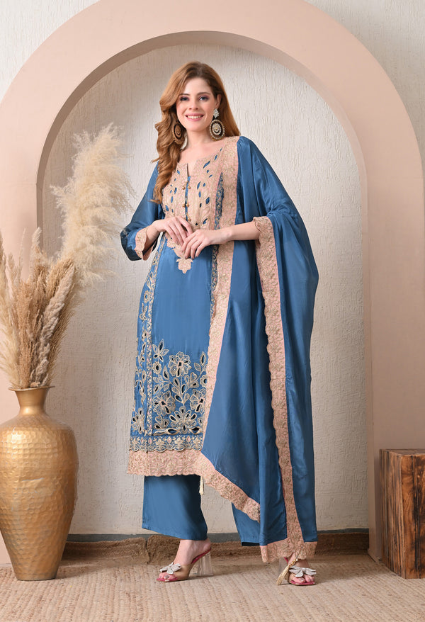 Blue Party Wear Crepe Suit with Tassels Dupatta