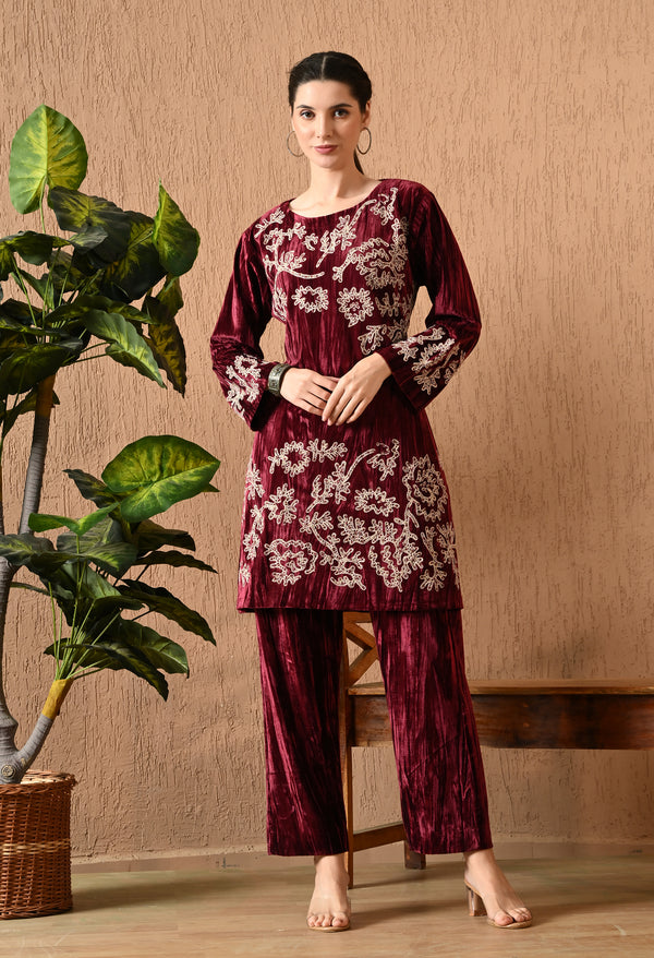 Maroon Velvet Co-Ord Frock Set