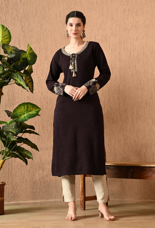 Elegant Wine Daffodil Woolen Kurti