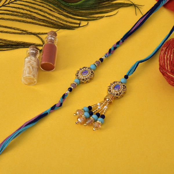 Royal Blue Bhaiya-Bhabhi Rakhi Set with Golden Touch