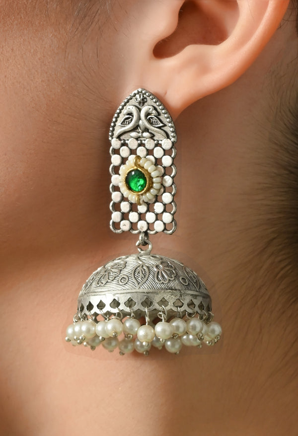 Elegant Silver Green Pearl Jhumkas