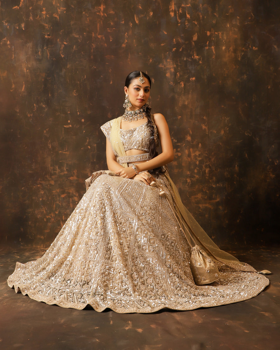 Celestial Charm Beige Crystal Indo-Western Lehenga