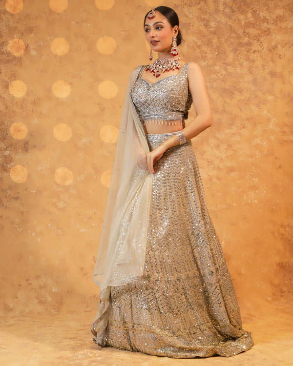 Silver Aura Dull Grey Sequined Indo-Western Lehenga Set