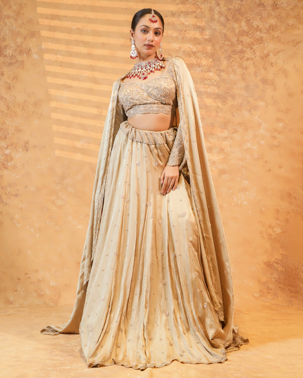 Golden Dusk Brown Armani Satin Indo-Western Lehenga Set